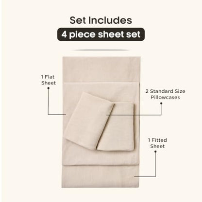 Queen Size Heathered Jersey Knit Cotton Sheet Set - Oatmeal | 4 Pieces