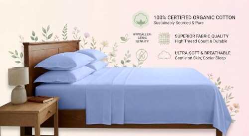 Organic Cotton Queen Bed Sheet Set Sky Blue 600 TC 4-Piece with Deep Pockets