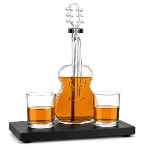 Guitar-Shaped Whiskey Decanter 1000ML Glass Spirit Bottle with Mahogany Base