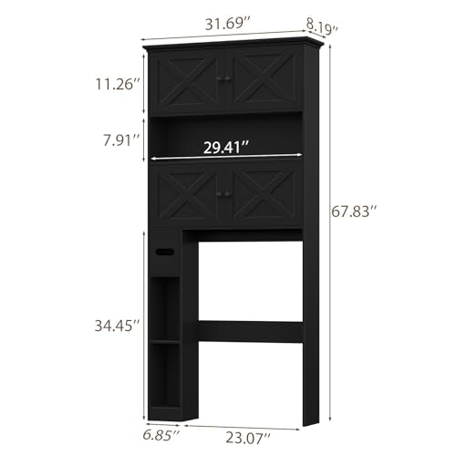 Over Toilet Storage Cabinet with Doors & Paper Holder, Black - Space Saving Bathroom Organizer
