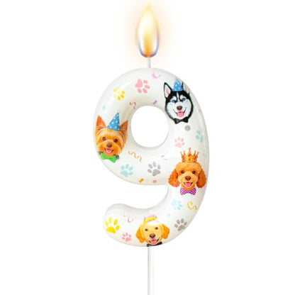 Party Dog Number Candle - Pet Themed Birthday Cake Topper - 9 Variation