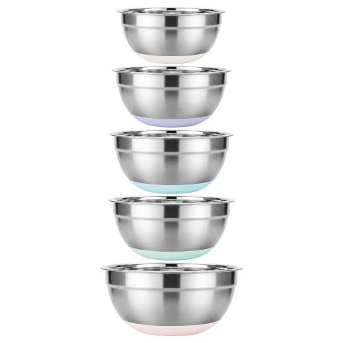 5PCS Stainless Steel Mixing Bowls Set with Colorful Silicone Non-Slip Bases - 1.5 to 5.3 Quarts