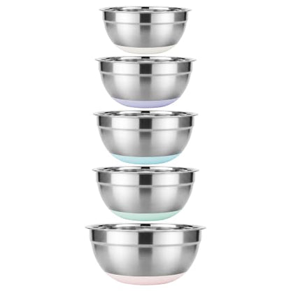 5PCS Stainless Steel Mixing Bowls Set with Colorful Silicone Non-Slip Bases - 1.5 to 5.3 Quarts