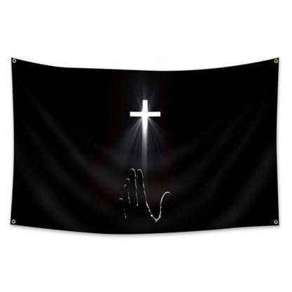 Christian Cross & Praying Hand Tapestry Wall Banner - 3x5 ft Religious Decor
