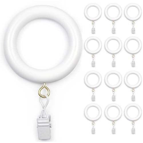 2 Inch Inner Diameter Wooden Curtain Rings with Clips - 12 Pack - White Farmhouse Style