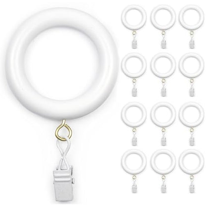 2 Inch Inner Diameter Wooden Curtain Rings with Clips - 12 Pack - White Farmhouse Style