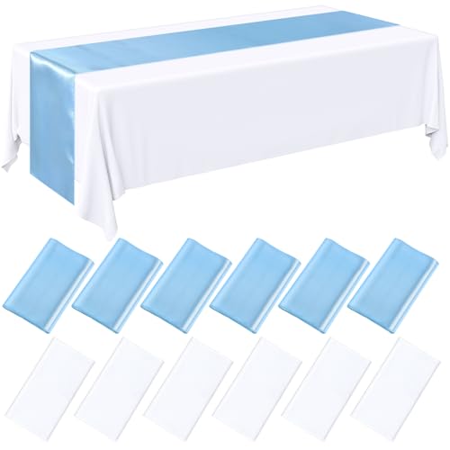 White and Blue Plastic Tablecloths with Satin Table Runner Set - Tudomro 12 Pcs