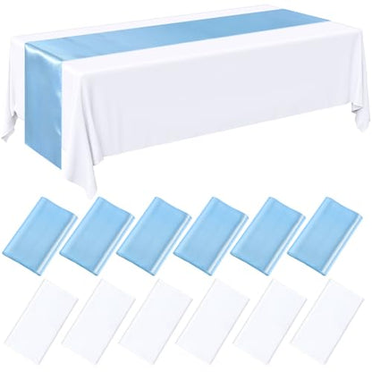White and Blue Plastic Tablecloths with Satin Table Runner Set - Tudomro 12 Pcs