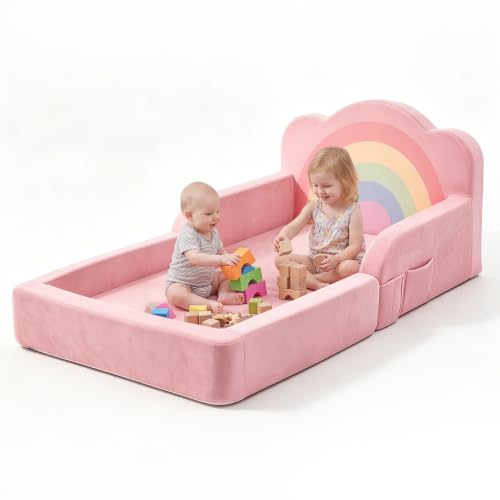 Pink Toddler Floor Bed and Kids Sofa - No Assembly Needed, Soft Foam