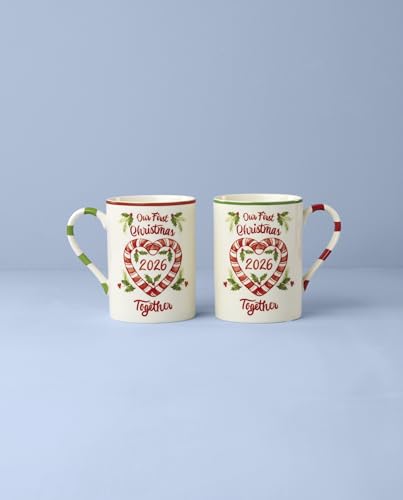 First Christmas Together Mug Set for 2 - Holly & Candy Cane Handles, 16oz