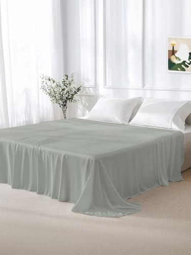 Queen Size Flat Sheet - Muted Pea Green Microfiber Bed Sheet, 90x102, Soft & Breathable