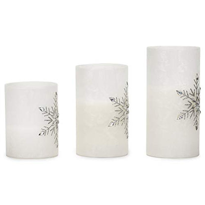 Jeweled Snowflake Flameless LED Pillar Candles Set of 3 - Winter Holiday Decor