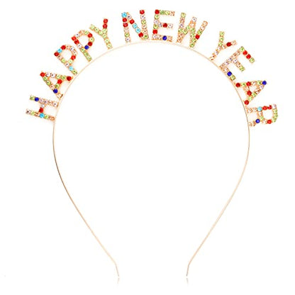Multi-Colored Rhinestone Happy New Year Headband - Christmas & Party Crown