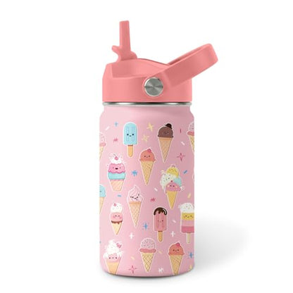 Ice Cream Pattern Water Bottle 12 oz Insulated Tumbler with Handle & Straw - Kid Friendly