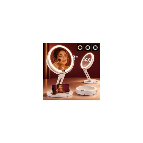 Travel Makeup Mirror with Lights - White, 1X/30X Double-Sided Magnification