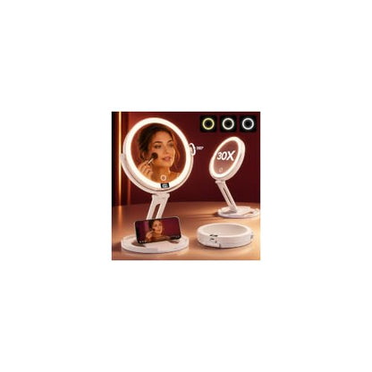 Travel Makeup Mirror with Lights - White, 1X/30X Double-Sided Magnification