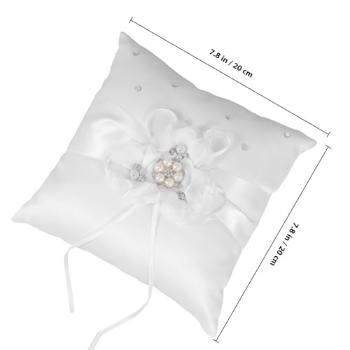 Wedding Ring Pillow 20x20cm with Pearl Flower Ribbon for Bridal Ceremony