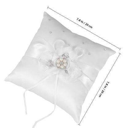 Wedding Ring Pillow 20x20cm with Pearl Flower Ribbon for Bridal Ceremony