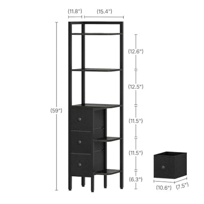 Black 5-Tier Corner Shelf Stand with 3 Drawers - Industrial Wooden Bookcase