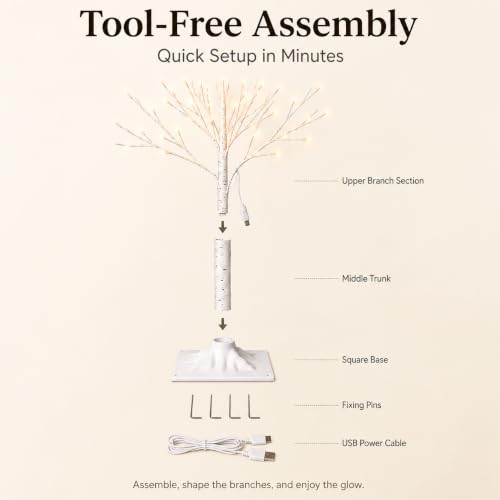 4ft Birch Tree with Lights - 64 LEDs, USB, 8 Lighting Modes, IP44