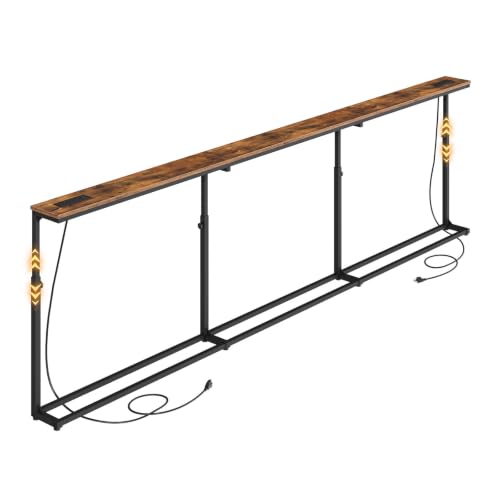 102.3 Inch Narrow Console Table Behind Couch with 5 Adjustable Heights, Built-in Charging Stations - Rustic Brown & Black