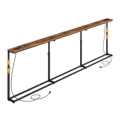 102.3 Inch Narrow Console Table Behind Couch with 5 Adjustable Heights, Built-in Charging Stations - Rustic Brown & Black