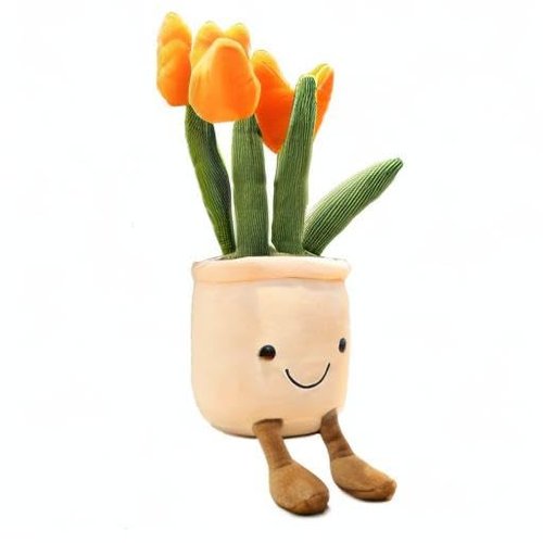 Tulip Plush Toy, 13" Orange Flower Pot Stuffed Throw Plushie Pillow Doll, Soft Fluffy Plant Friend Hugging Cushion - Present for Every Age & Occasion