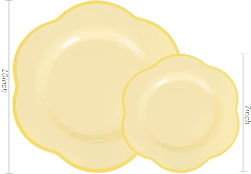 Yellow Plastic Plates Set with Gold Accents - Floral Style 50PCS for Parties & Events