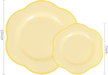 Yellow Plastic Plates Set with Gold Accents - Floral Style 50PCS for Parties & Events