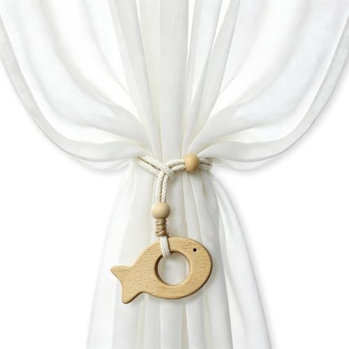 Farmhouse Curtain Tie Backs with Wooden Fish - Boho Rope Drapery Holdbacks, Set of 2 - Natural Decor