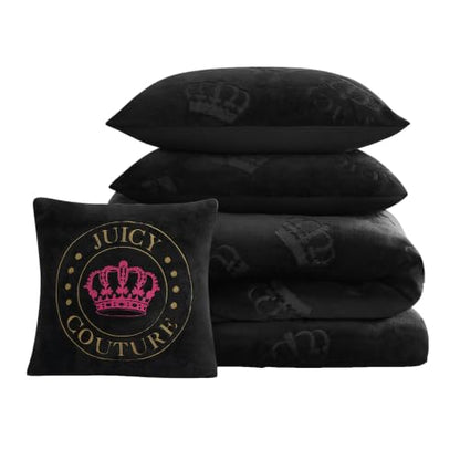 Juicy Couture Reversible Plush Crown Comforter Set - Black, Full/Queen with Decorative Pillow