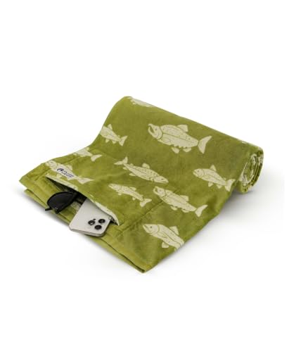 OUTER LAKES Adventure Towel - Fish Pattern, Soft Plush Feel, Fade-Resistant, Ultra Absorbent Beach Towel with Hidden Pocket