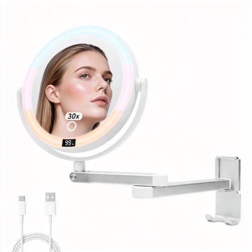 White Wall Mounted Makeup Mirror with Digital Screen and Lights - 13" x 10"