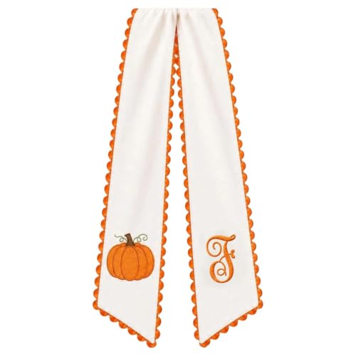 Medium Halloween Wreath Sash Decor with Embroidered Pumpkin & Initial - Fall Seasonal Accent