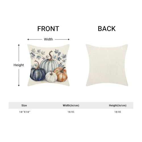 Fall Throw Pillow Covers 18x18 Inch - Pumpkin Maple Design Set of 2 - Orange Blue