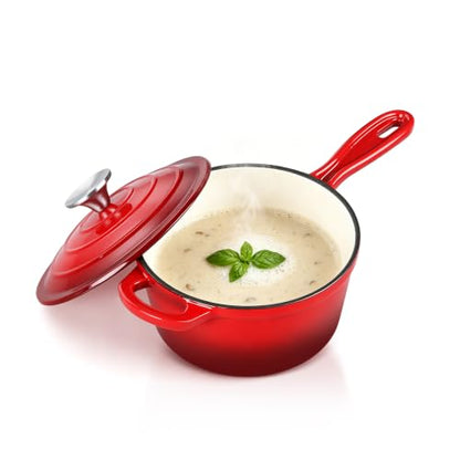 E-far 1 Quart Enamel Cast Iron Sauce Pan with Lid - Red