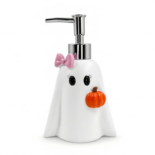 Halloween Soap Dispenser - White Ghost with Pink Bow & Pumpkin Decor