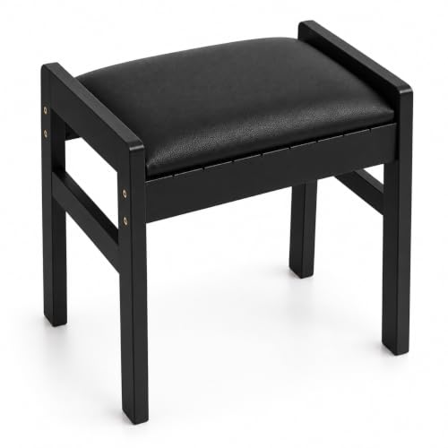 BAMBOOHOMIE Black Bamboo Foot Stool Ottoman with Removable Cushion & Handles