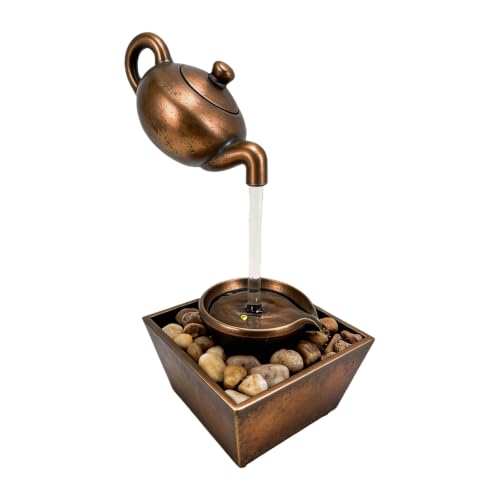 Bronze Teapot Water Fountain Ornament with LED Light - Indoor Tabletop Waterfall
