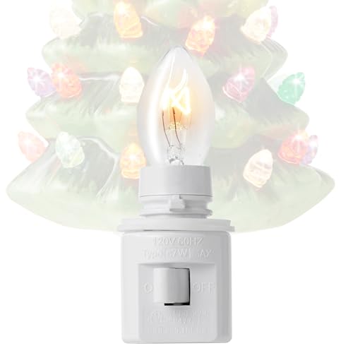 Ceramic Christmas Tree Night Light - Green 6 Inch with Bulbs & Star Topper - Plug-In Holiday Decor