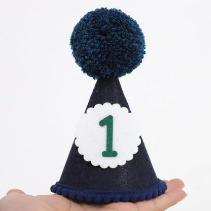 Baby Birthday Party Hat - Felt with Pom-Pom - Dark Blue, Ages 1-12