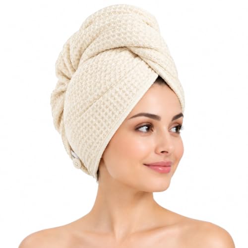 Hair Towel Wrap for Women - Microfiber Waffle Weave, Quick Dry, Cream