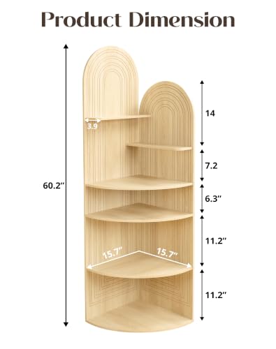 6-Tier Corner Shelf - Arched Display Bookcase in Oak Finish