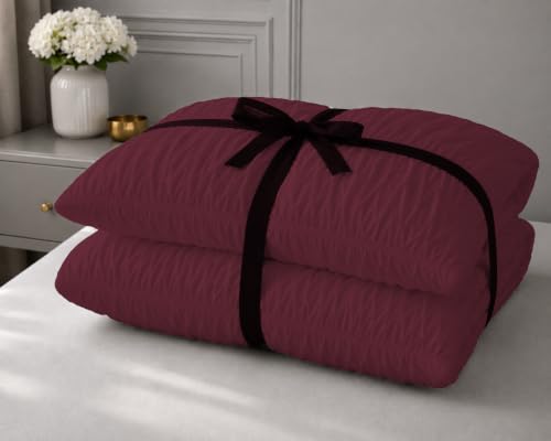 Queen Size Egyptian Cotton Duvet Cover Set with Zipper & Corner Ties - Wine - 3 Piece Ruched Bedding