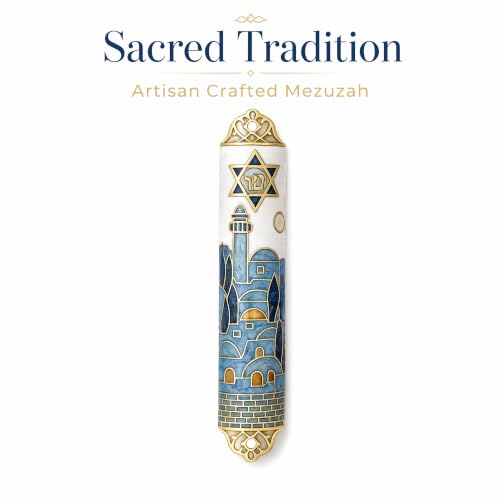 Metal Enamel Mezuzah with Scroll Set for Doorway - Jerusalem-Inspired Design