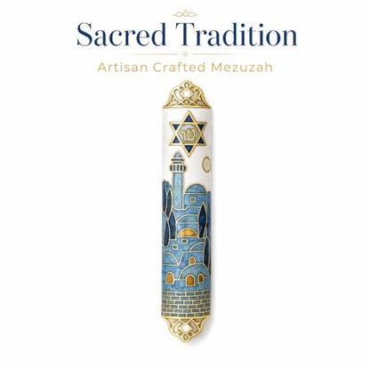 Metal Enamel Mezuzah with Scroll Set for Doorway - Jerusalem-Inspired Design