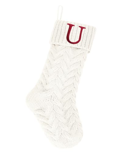 18 Inch Personalized Monogram Christmas Stocking with Embroidered U - Ivory Holiday Decor
