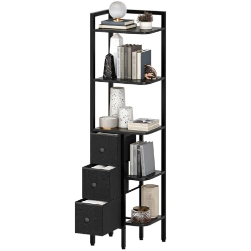 Black 5-Tier Corner Shelf Stand with 3 Drawers - Industrial Wooden Bookcase