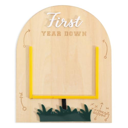 First Year Down Football Footprint Keepsake - Wooden Baby Milestone Gift - Variation Wood1