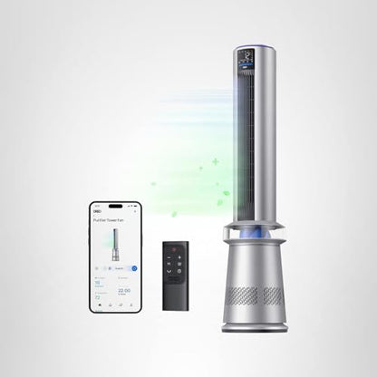 Dreo MC710S Air Purifier Tower Fan, 45" 2-in-1 Smart Fan for Bedroom, 27ft/s Velocity, 120°Oscillation, 24H Timer Bladeless Fans for Home, 25dB Low Noise, Standing Fan Works with Alexa, Silver Blue